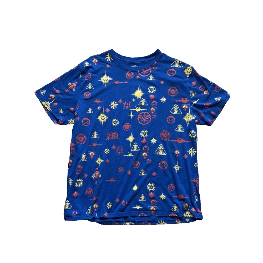 Marvel Captain Marvel Graphic T-Shirt Blue All-Over Print Mens Size 2XL Tee